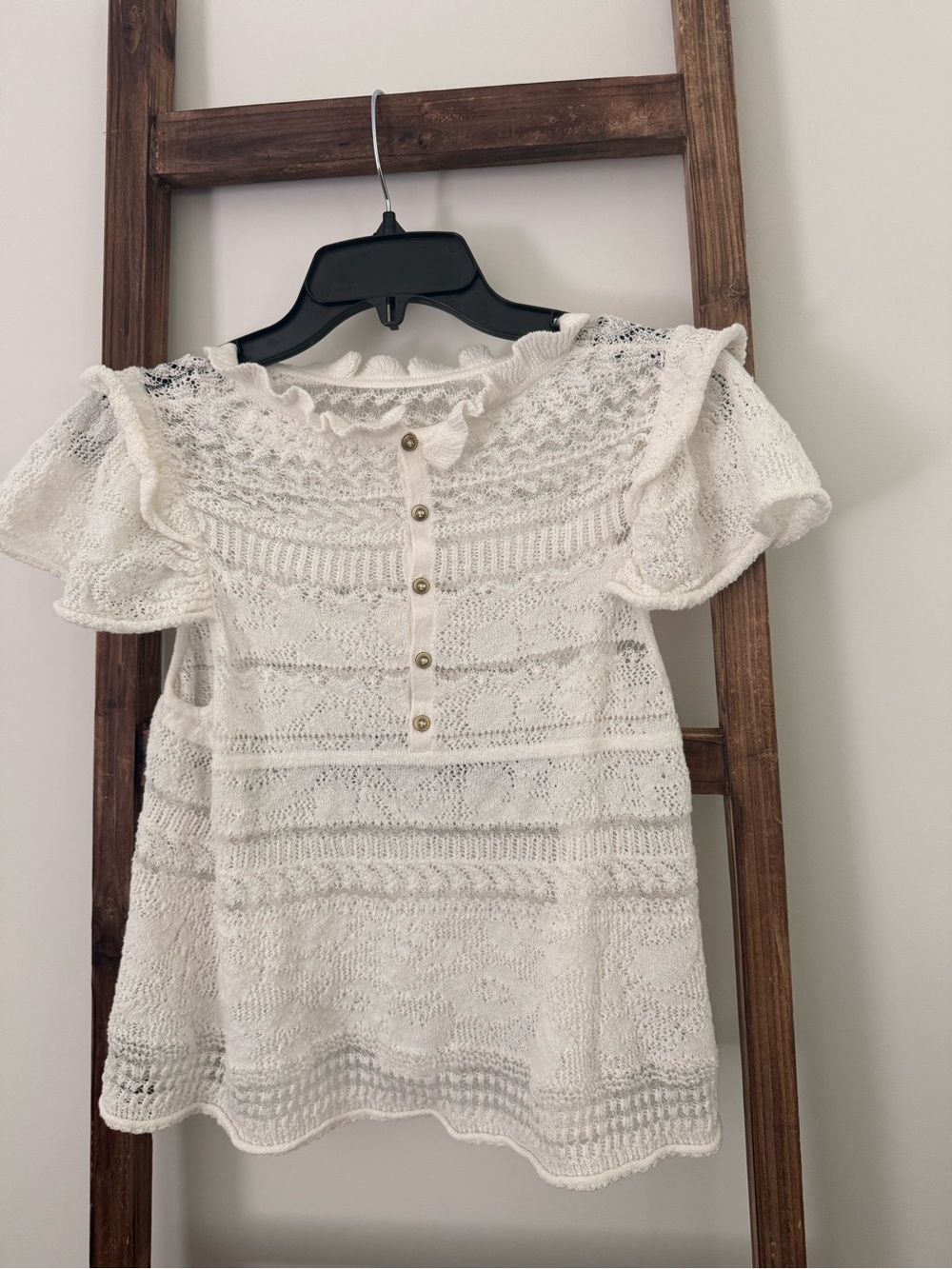 Anthropologie White Knit Ruffle-Trim Button Front Top